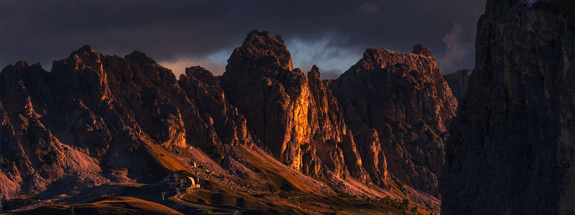 Early morning light on rugged peaks at Sella Pass in the Dolomites